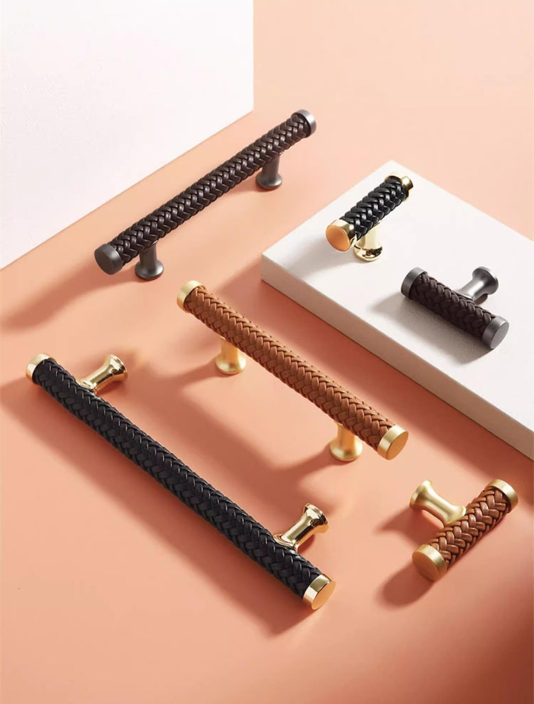 7.55" Black Braid Leather Drawer Pulls Handles Brushed Brass Cabinet Pulls Handles Unique Dresser Knob (Orange