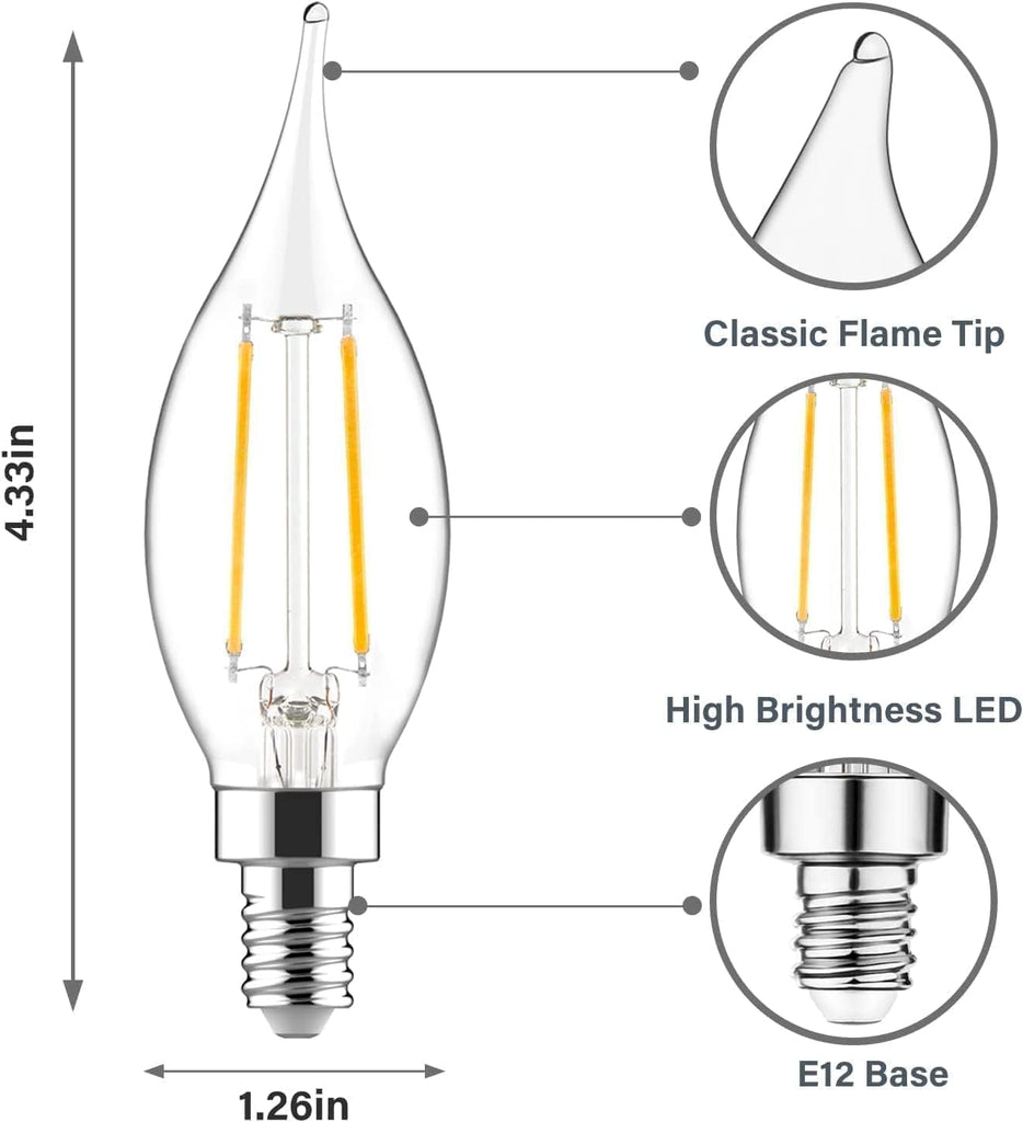 E12 LED Bulb Candelabra Base 60 watt LED Chandelier Light Bulbs Dimmable, Flame Tip Candelabra LED Bulbs, 4.5W, 500LM