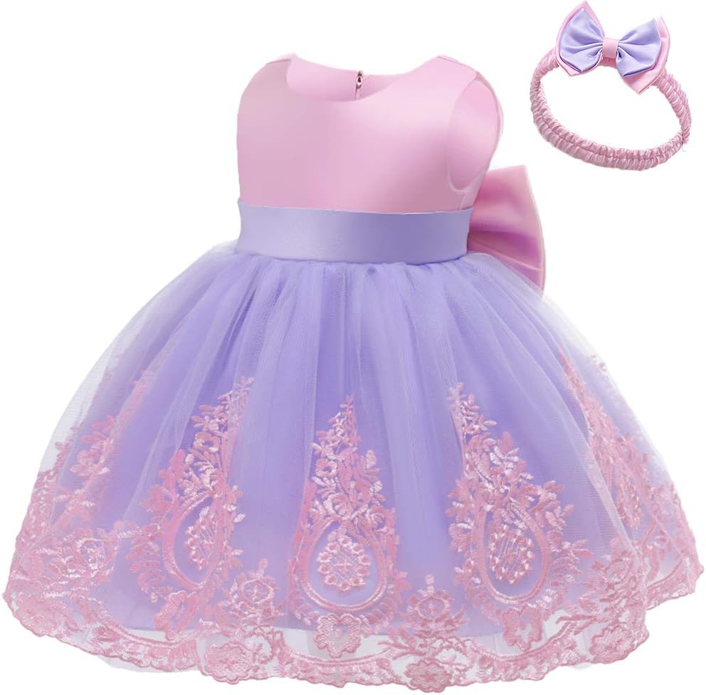 0-6 Years Toddler Baby Girls Pageant Lace Embroidery Dresses Formal Dress with Headwear