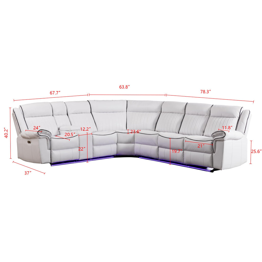 Power Reclining Sectional Sofa Faux Leather LED Strip Speaker White