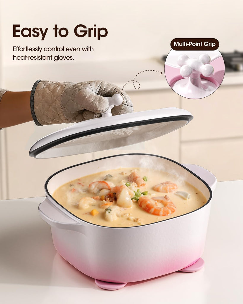 5 Quart Pink Dutch Oven Pot with Lid, Enameled Cast Iron, Rounded Square