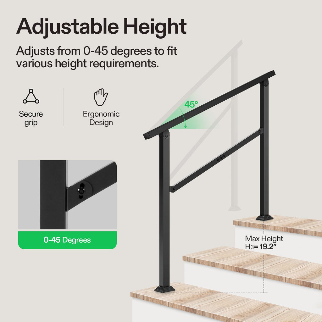 3-Step Stair Handrail 40"x36" Wrought Iron Porch Railing Black