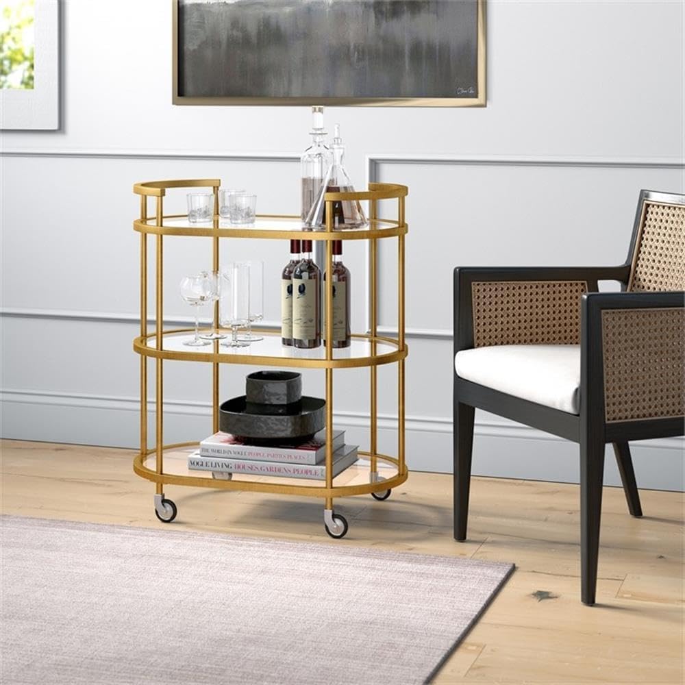 30" Wide Oval Bar Cart in Brass, Bar Carts for the Home | Sleek rolling shelving unit that moves room to room with