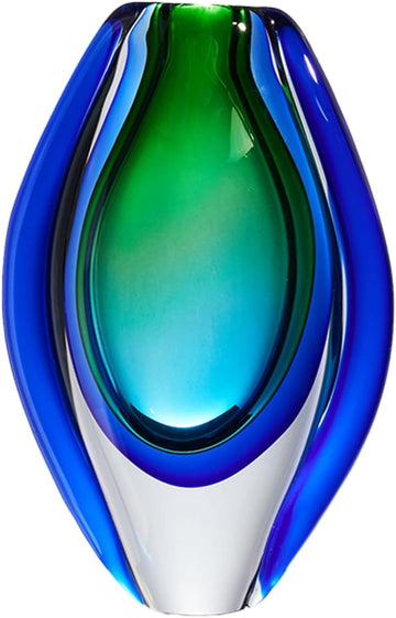 Hand Blown Sommerso Oval Art Glass Vase for Decor 8.5 inch Tall Centerpiece Table Decoration Emerald Green