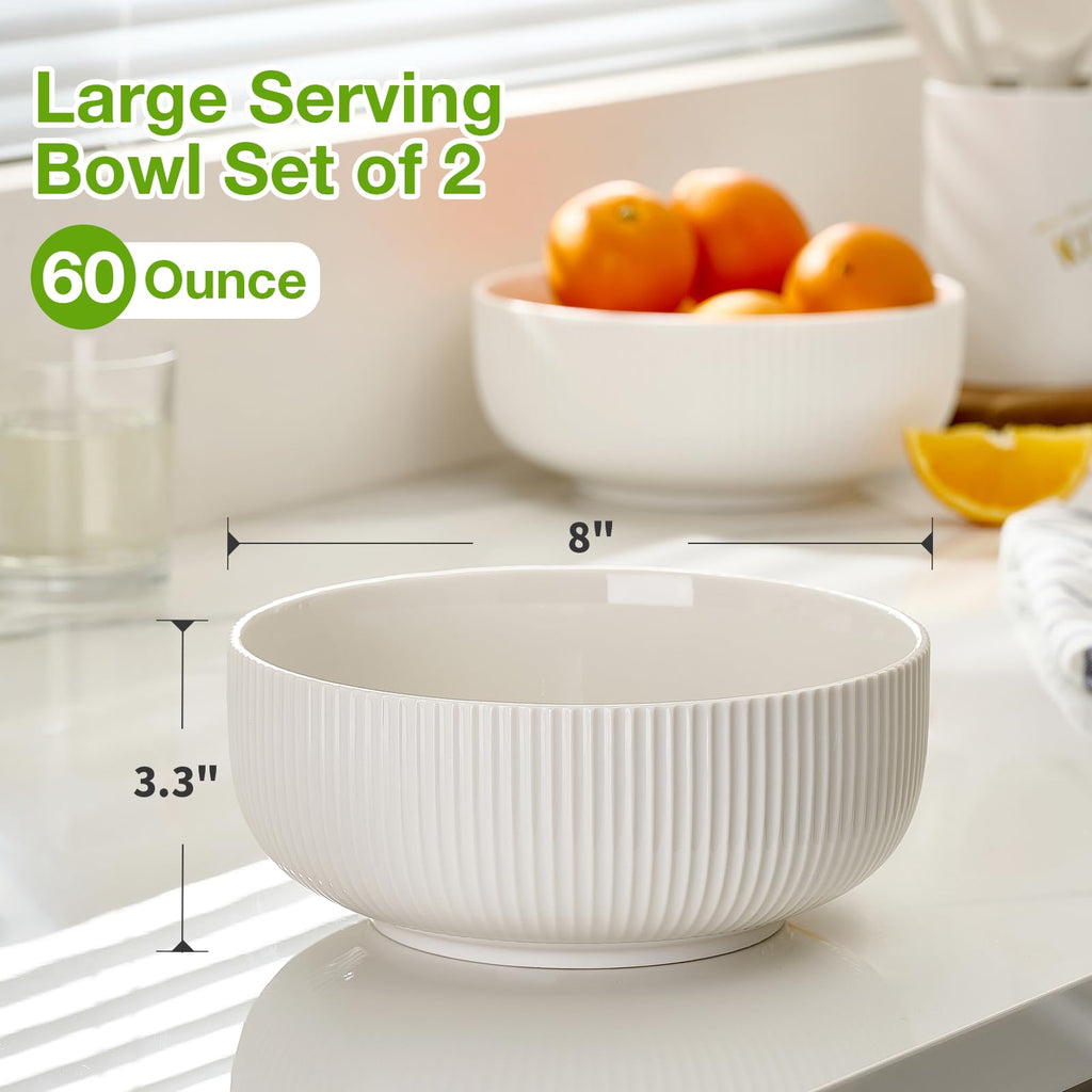 2 Pack Salad Bowl, 8 inch 60 oz Large Serving Bowl Set, Deep Bowl, White Ceramic Bowl Set for Soup, Cereal, Ramen