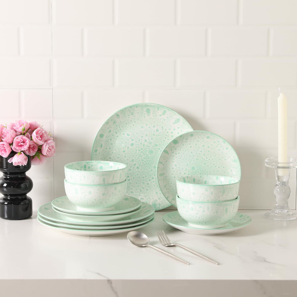 12 Pcs Speckled Glaze Ceramic Dinnerware Set for 4, Mint Green