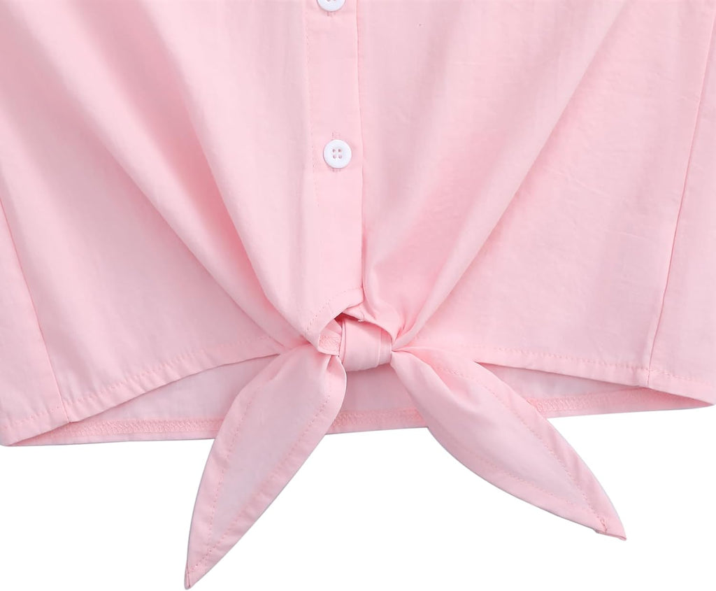 Girls Sleeveless Plaid Button Down Shirt Summer Crop Tops Tie Knot Ruffle Sleeve Shirt Blouse