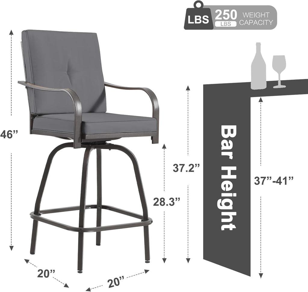 Outdoor Swivel Bar Stools Set of 4, Patio Bar Height Swivel Stools with Cushions Balcony Backyard, Grey
