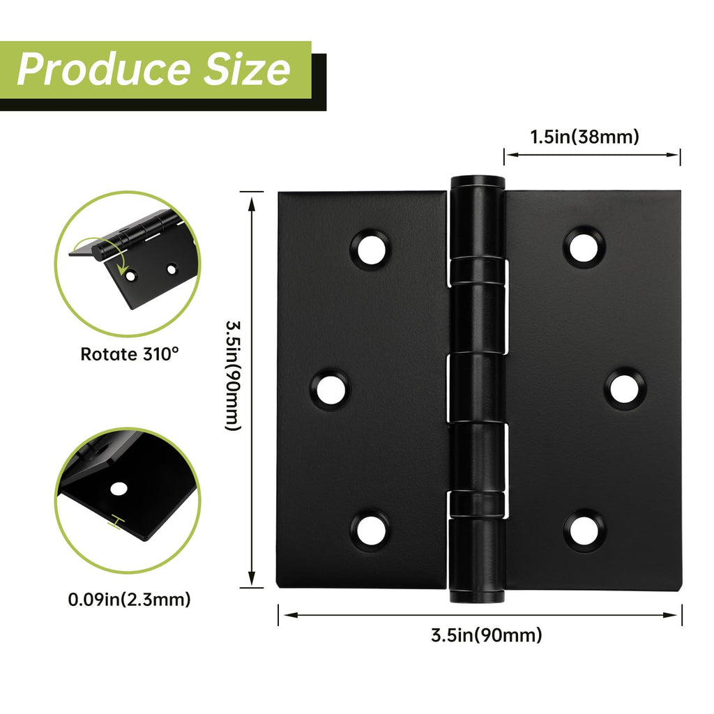 6 Pack Black Door Hinges 3.5 x 3.5 Inches, Heavy Duty Stainless Steel Ball Bearing Hinges with Screws, Square Corner