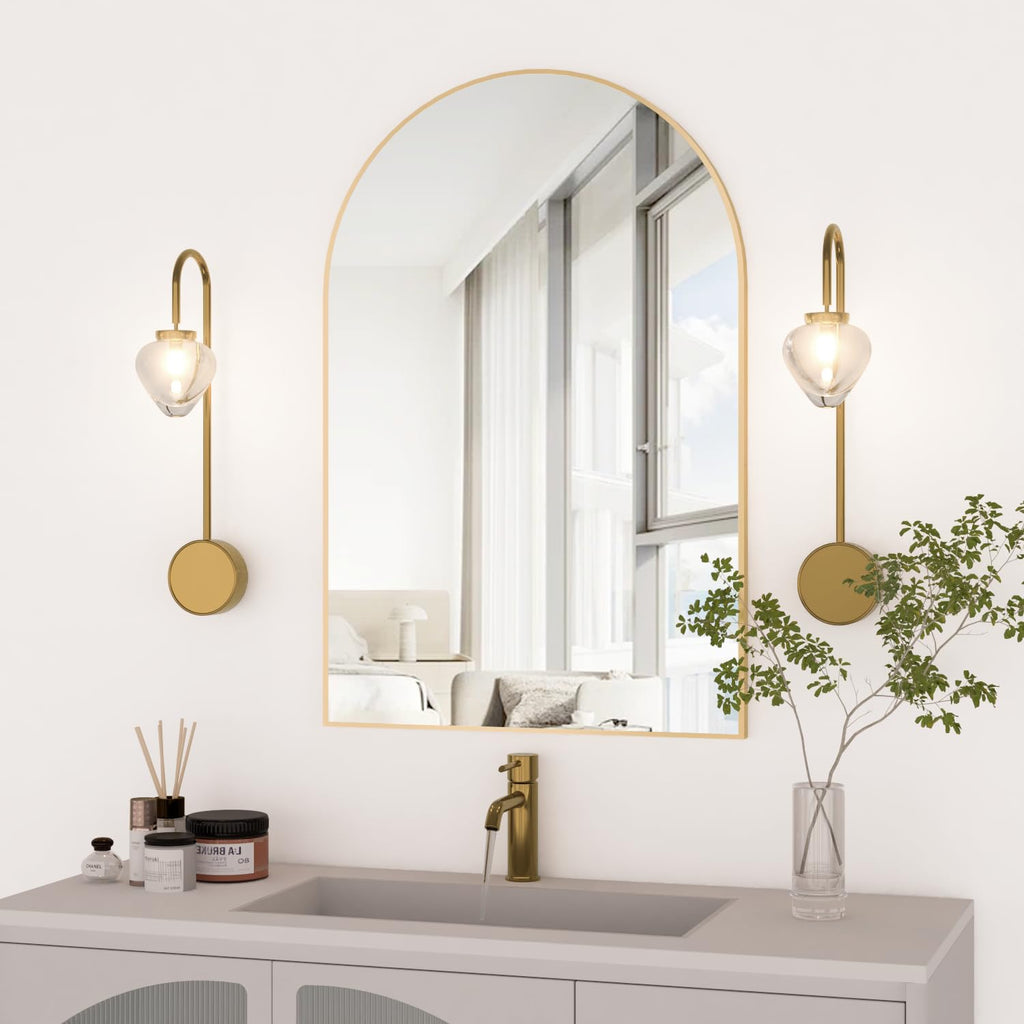 Wall Mounted Mirror, Arched Wall Mirror, 24"x36" Arch Bathroom Mirror with Metal Frame, Gold Vanity Mirror Decor