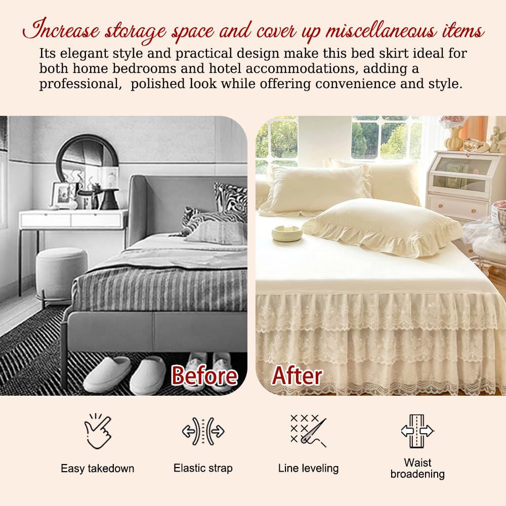 Three Layers Lace Bed Sheet Skirt for Bed - 17in. Drop, Ruffle Bed Skirt Wrap Around Bed Skirt, Anti Wrinkle