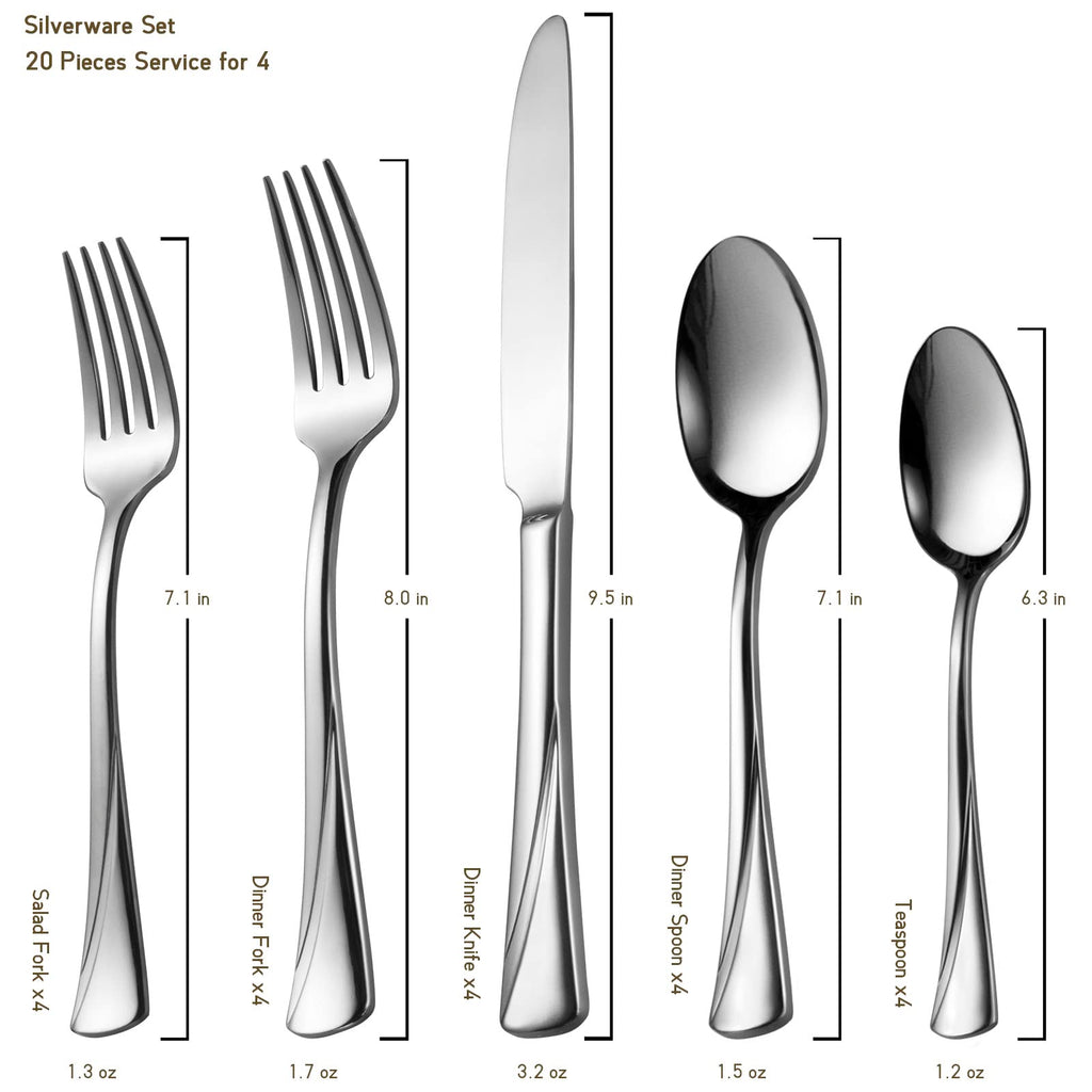 Alice 20-Piece Silverware Set Stainless Steel Flatware Set,Service for 4,Mirror Polished Cutlery Set,Dishwasher Safe