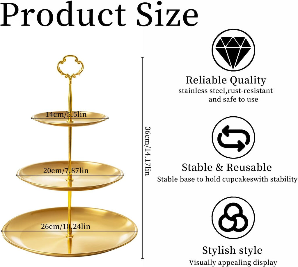 Gold cupcake stand, 3-Tier Stainless Steel, Detachable, 4 Foot Pads - Set of 3