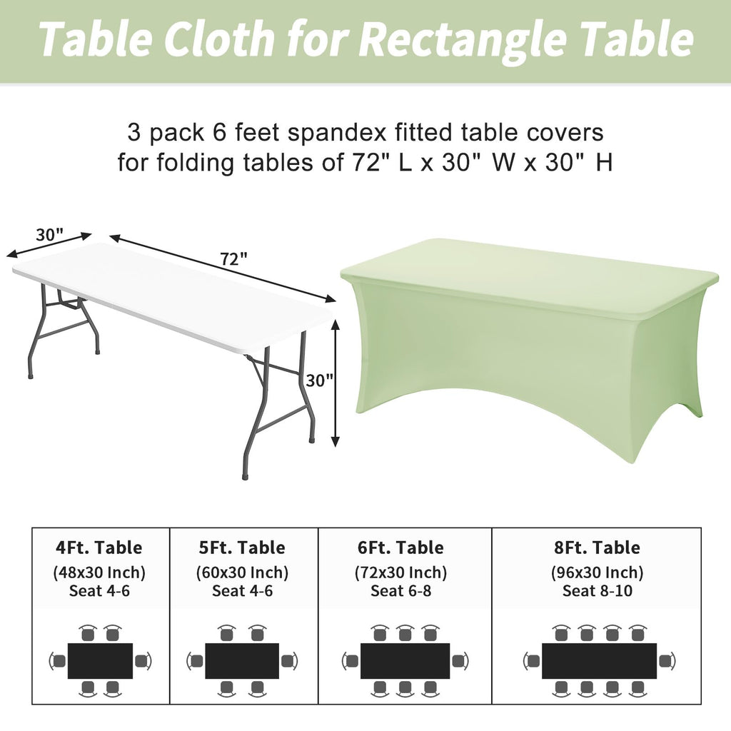 3 Pack 6FT Sage Green Tablecloth Rectangle Spandex Table Cover