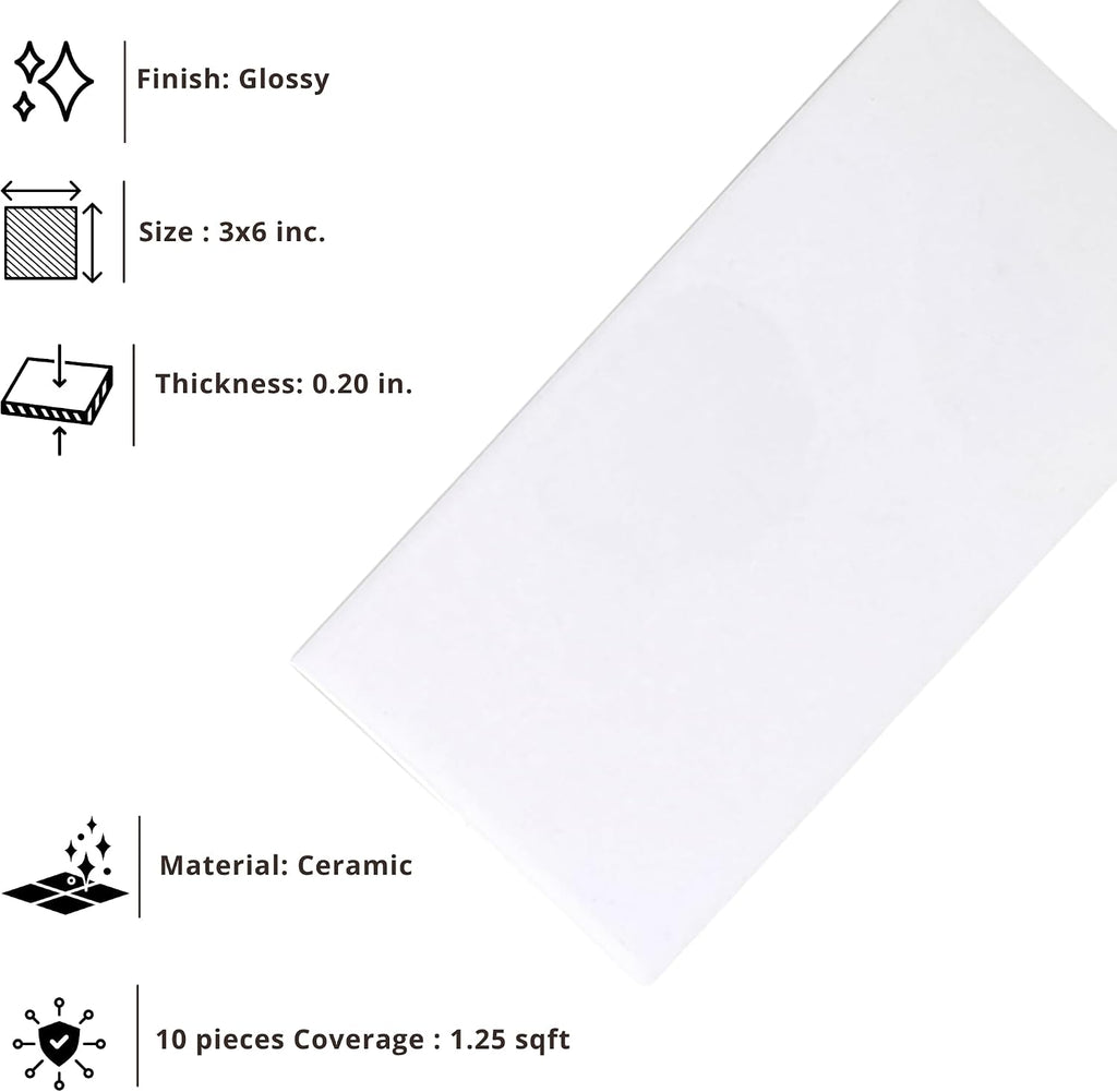 3x6 Glossy White Ceramic Subway Tile - Box of 10 Shiny Wall Backsplash, Bathroom, Shower, Accent Walls - Easy to
