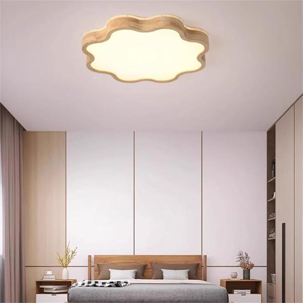 Nordic Cloud Shaped LED Flush Mount Ceiling Light Fixture, Natural Wood Frame with Acrylic Shade, Dimmable Tri Color