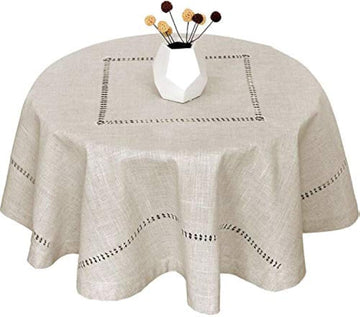Handmade Double Hemstitch Natural Tablecloth, Round 60 Inch