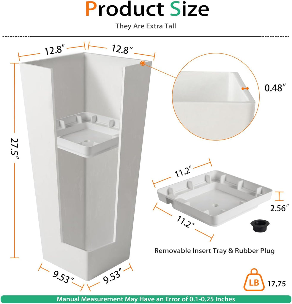 Tall Planters for Outdoor Plants, Large Resin Flower Pots for Garden, Front Porch, Patio, Indoor - Set of 2 (White