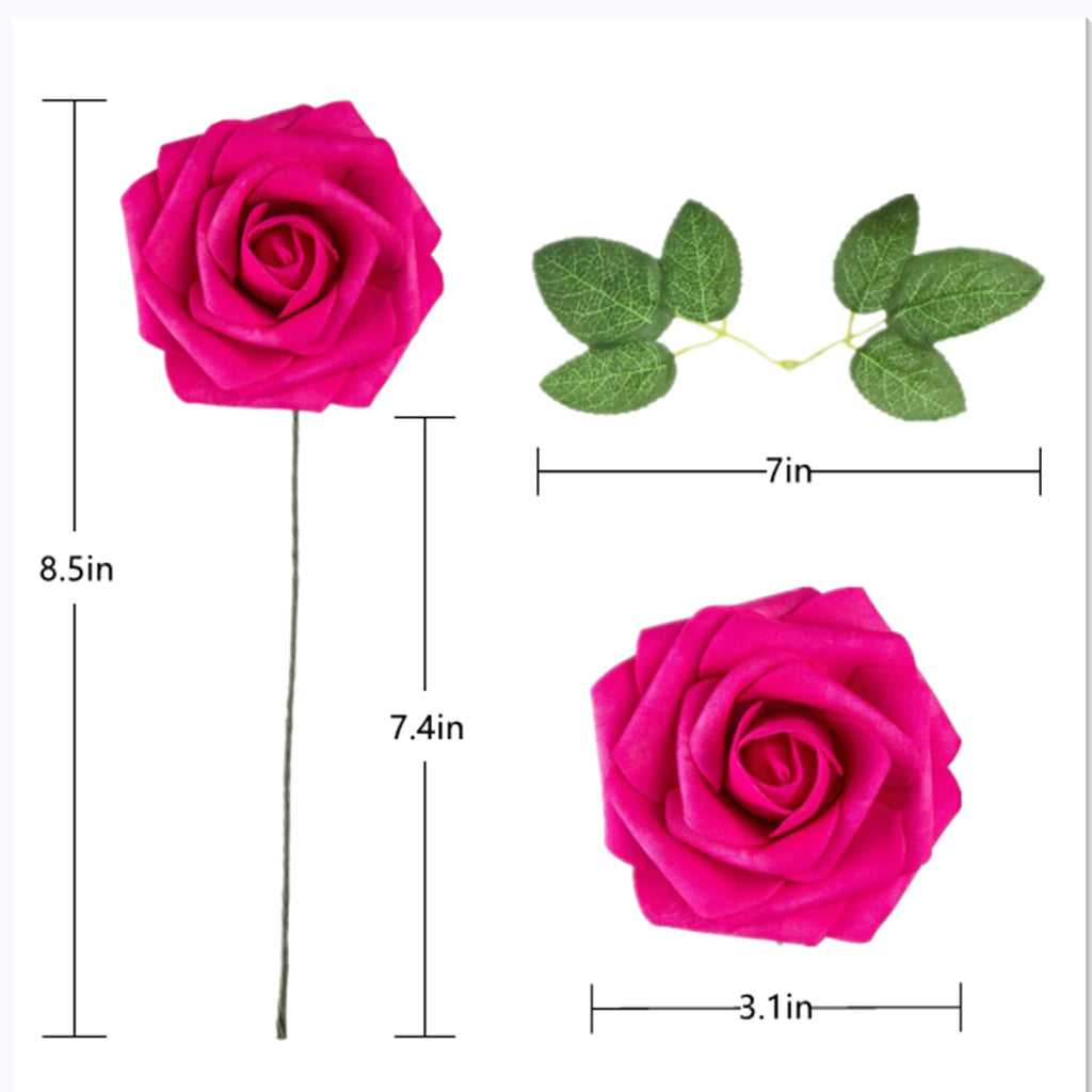 Artificial Flower Foam Hot Pink Rose 50pcs Real Looking Fake Rose with Stems Leaves Decoration Party Garden