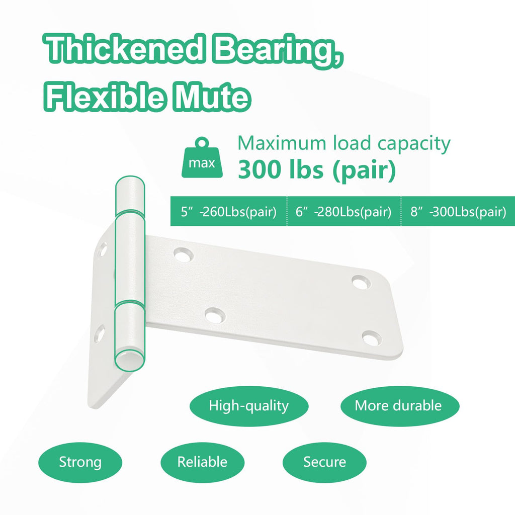 5 inch Gate Hinges, 260 Lbs Capacity, Matte White Hinges, 6 Pack Heavy Duty Door Hinge, T-Strap Shed Gate