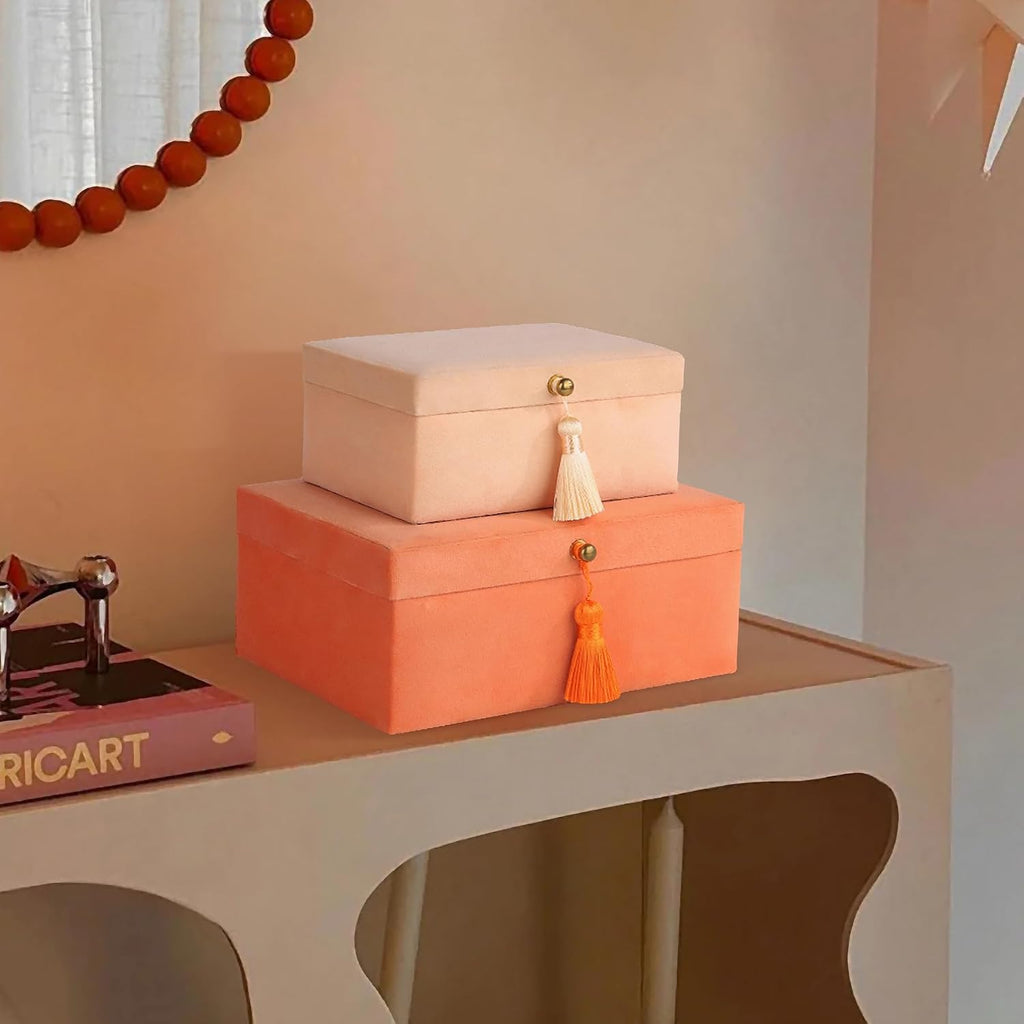 Velvet Jewelry Boxes Decorative Boxes, Storage Accessory Organizer Boxes with Elegant Handle Decor, Classic Velvet - Set of 2