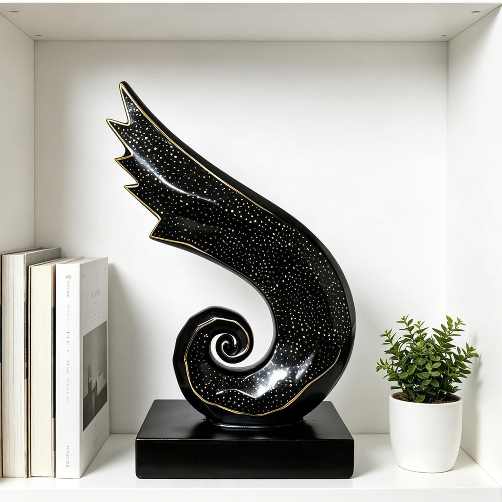 Black Gold Abstract Wing Resin Sculpture - Starry Gold Speckled Spiral Figurine Office Shelf Decor, Housewarming