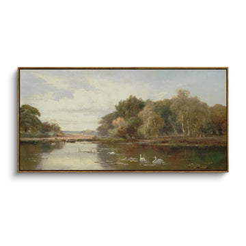 Extra Large Framed Vintage Wall Art, River Swans Prints, 24x48inch