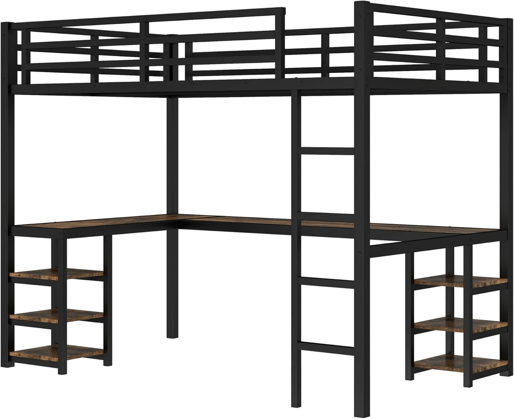 Twin XL Size Loft Bed with Desk and Shelves, Metal Twin XL loft bedframe with L Desk and 6 Storage Shelves, Black