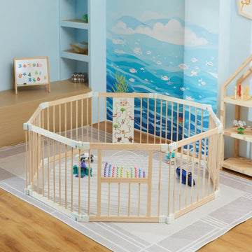 Play Yard Wooden Foldable Playpen for Babies and Toddlers Portable Baby Fence with Child-Proof Lock