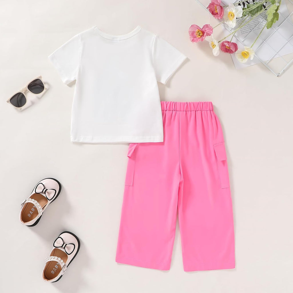 Toddler Girl Clothes Short Sleeve Butterfly Print T-Shirt Top Cargo Pants with Pockets Summer Clothing Sets