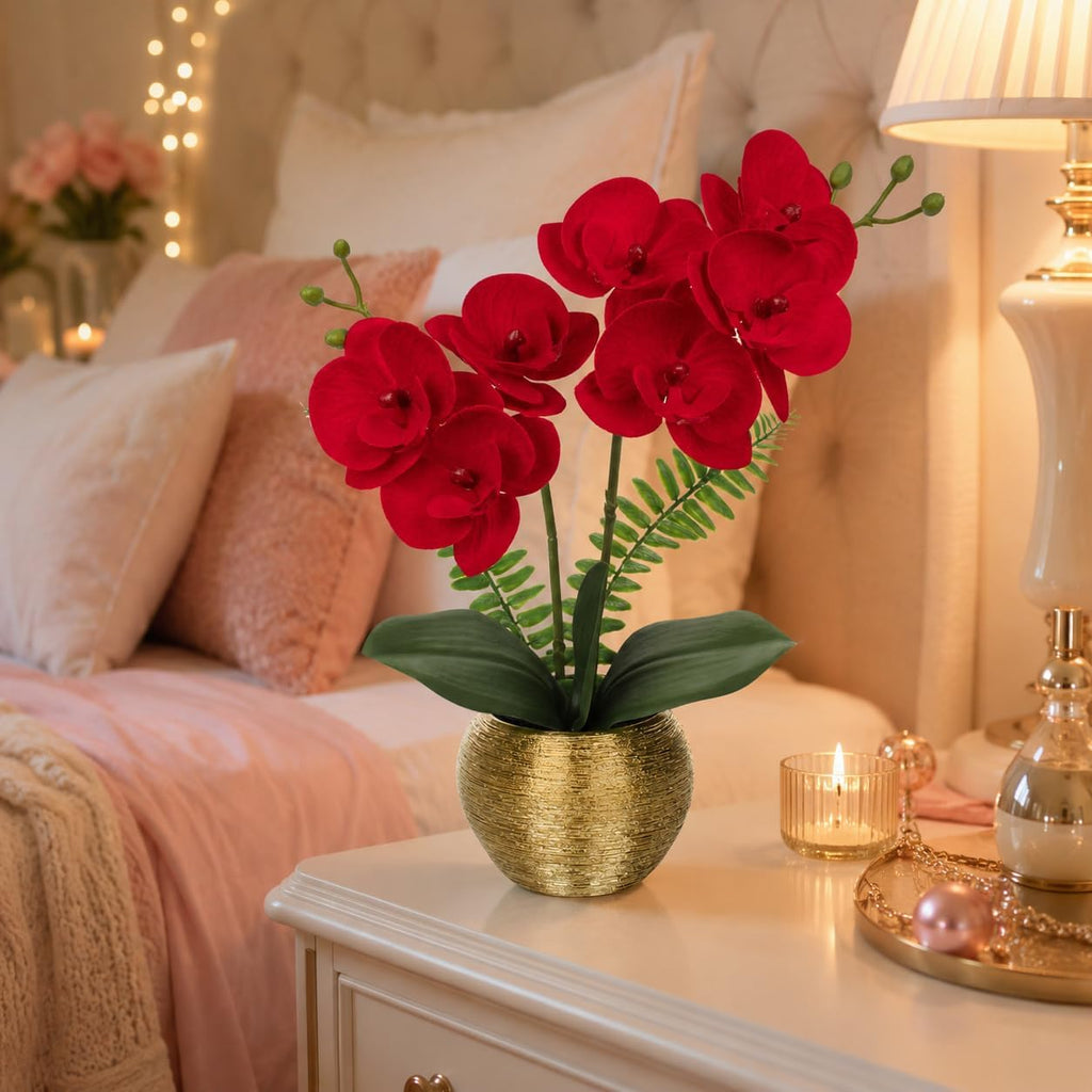 13" Small Artificial Orchid Flowers in Gold Ceramic Pot, Red Faux Phalaenopsis Silk Orchid Arrangement Vanity Bedroom