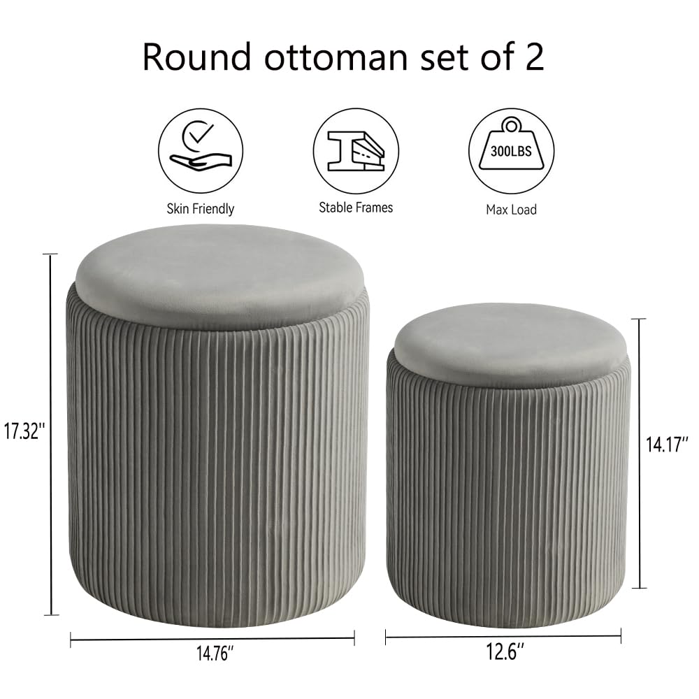 Set of 2 Round Storage Ottoman Light Grey Velvet Ottoman with Storage