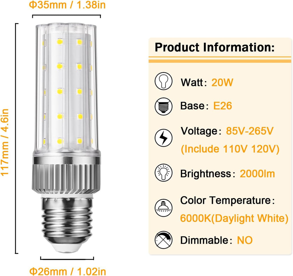 E26 LED Bulb,20W LED Corn Light Bulb 150W Equivalent 6000K Daylight White 2000LM Non-dimmable Flicker Free Ceiling