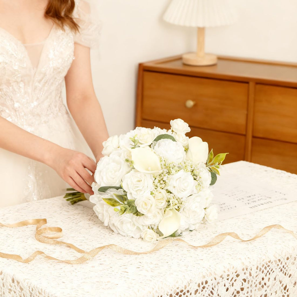 9'' White Artificial Wedding Bouquet - Peony, Rose & Calla Lily Bridal Bouquets for Bride Bridesmaids | Wedding
