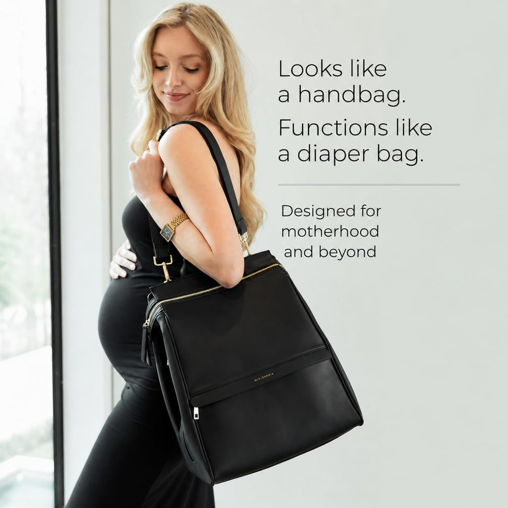 Leather Diaper Bag Backpack with USB Charging port, Changing Pad, Stroller Straps, and Bottle Holder (Black Sophia)