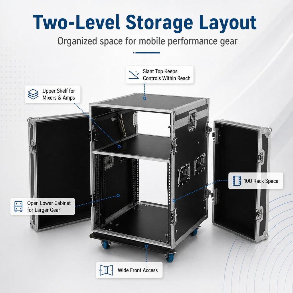10U PA DJ Pro Audio Rack Road Case with Slant Mixer Top and Casters, DJ Mixer Rack, Pro Tour Grade