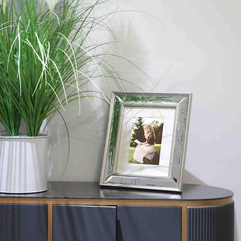 8x10 Mat 5x7 Beveled Clear Mirror Silver Arc edge Photo Frame-Organic Glass Black Velvet Back Panel for