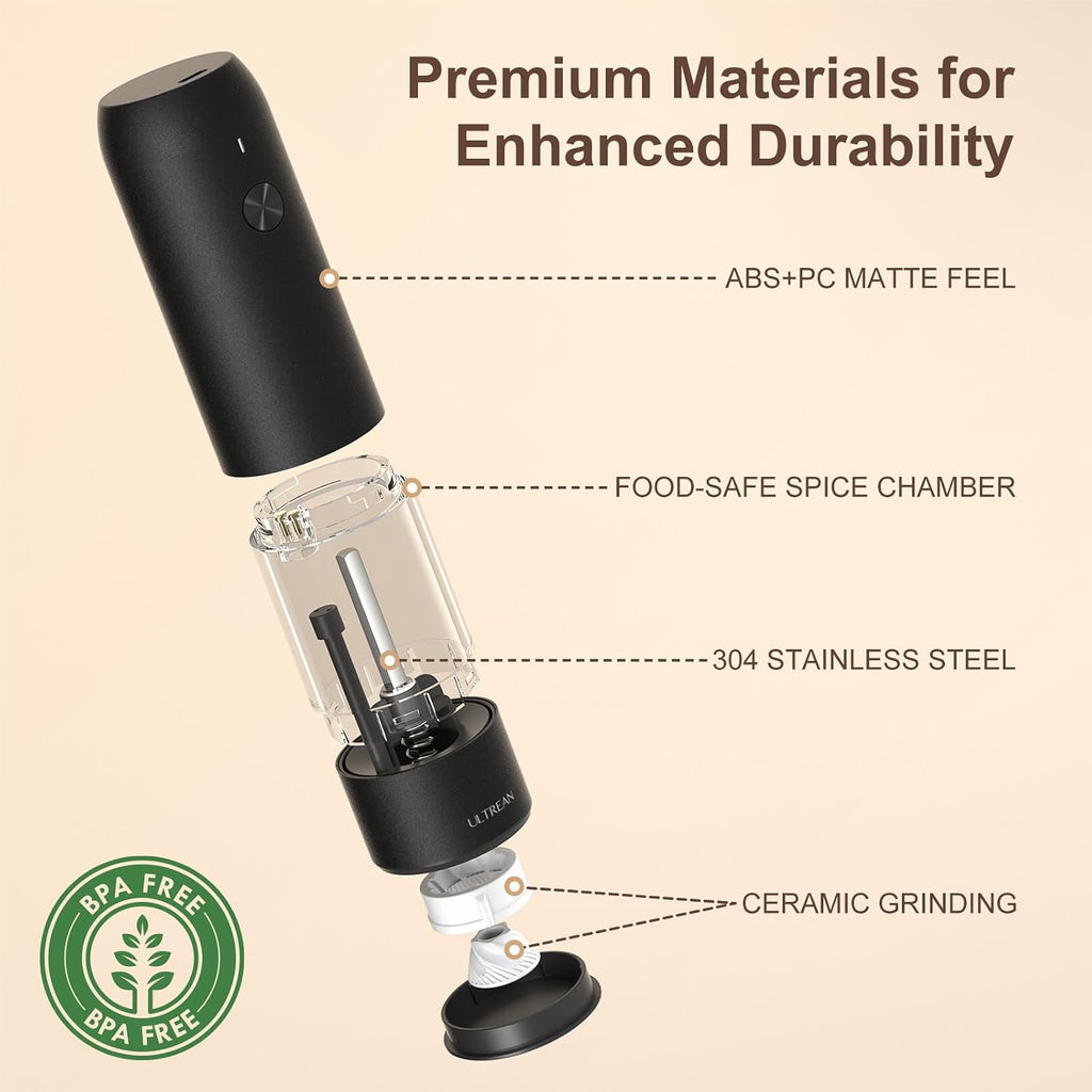 Pepper Grinder, Rechargeable Salt and Pepper Grinder with 6 Adjustable Coarseness, LED Light, Automatic Grinder