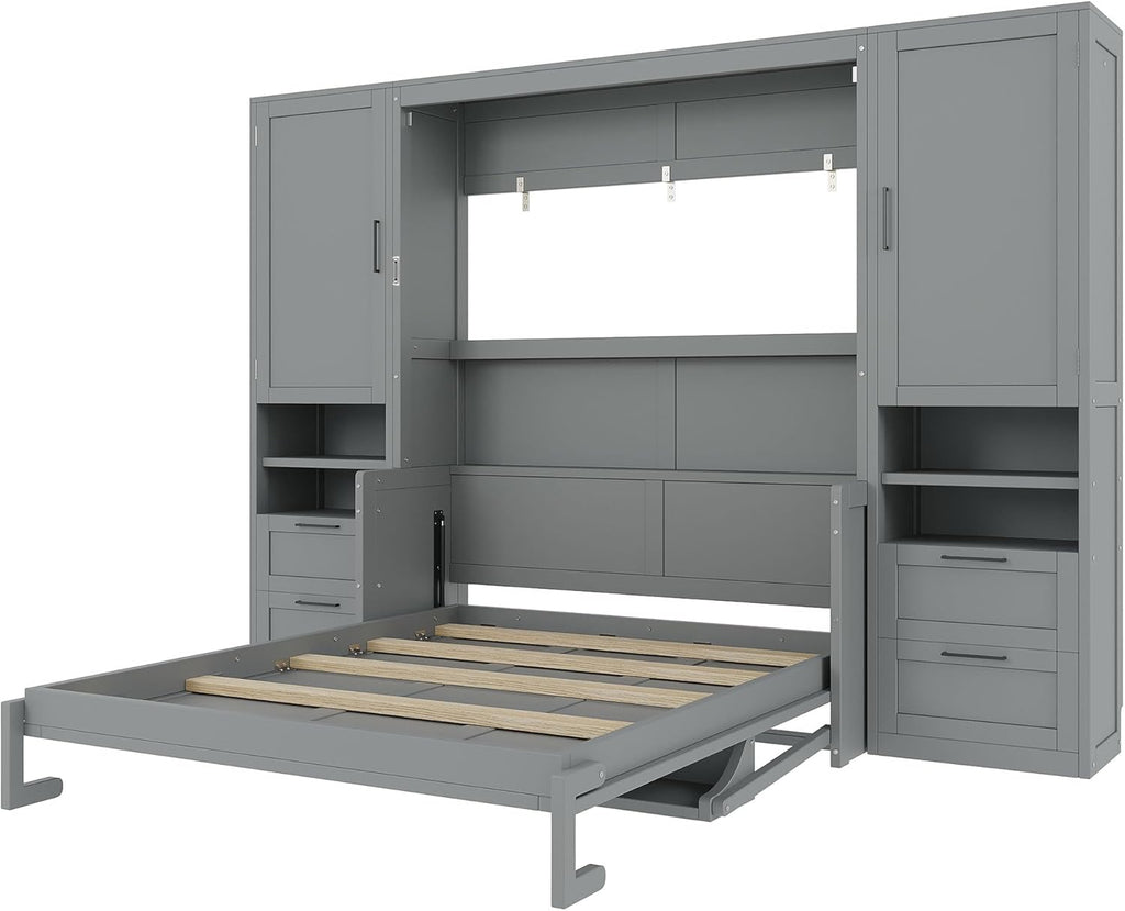 Queen Murphy Bed with Desk, Multifunctional Foldable Wall Bed with Closet, Drawers and Shelves, Space-Saving Wood