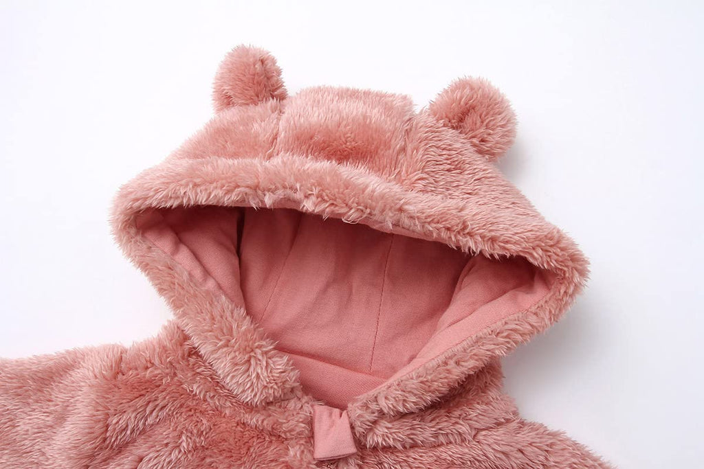 Girl's Winter Polar Fleece Playsuit Cozy Lined Loose Fit Warm Hooded Romper for Baby Toddler Pink