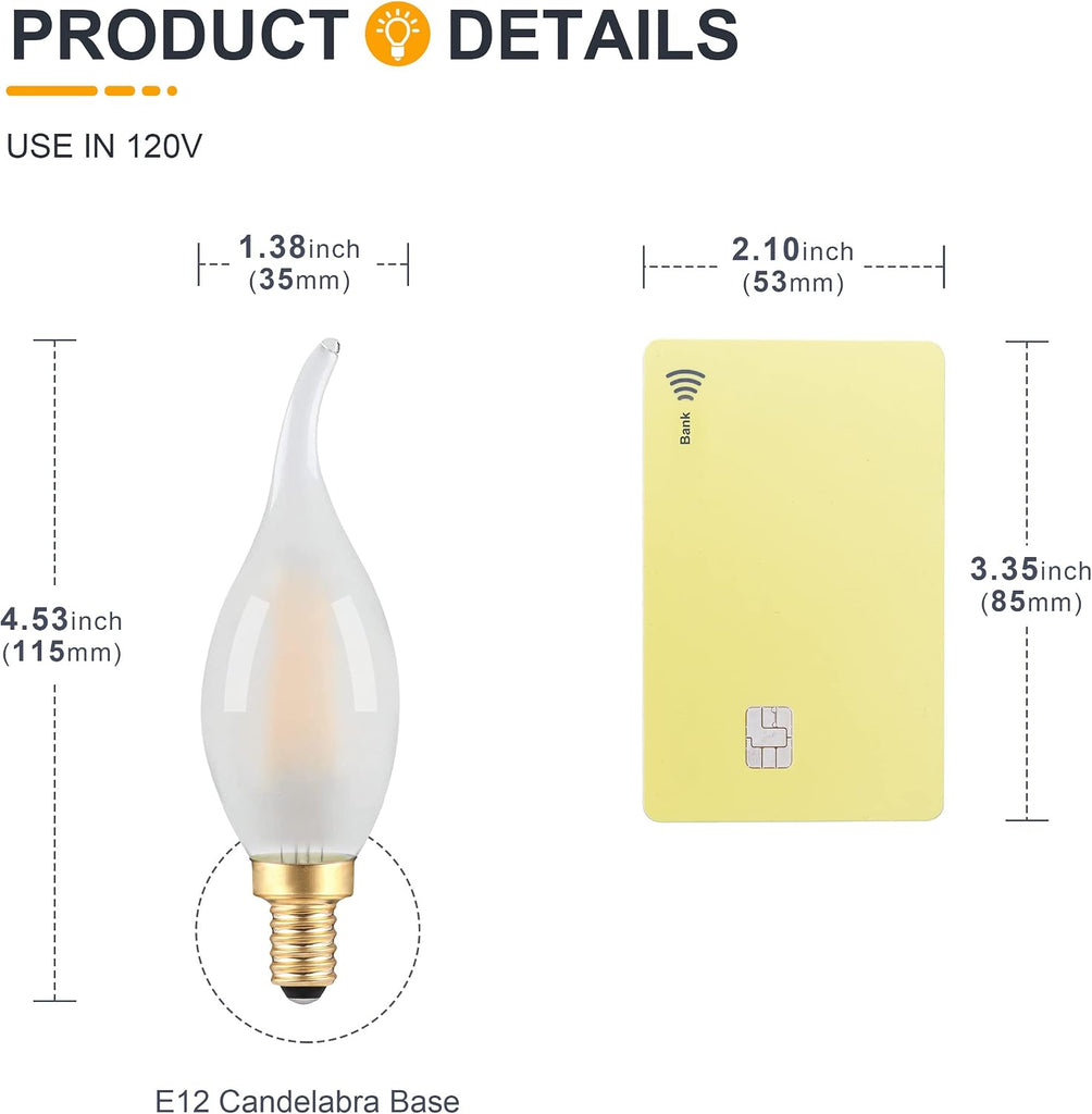 Frosted E12 Candelabra Bulb 25W Equivalent LED Chandelier Light Bulbs- 2W Dimmable E12 LED Bulb- 2700K Soft Warm