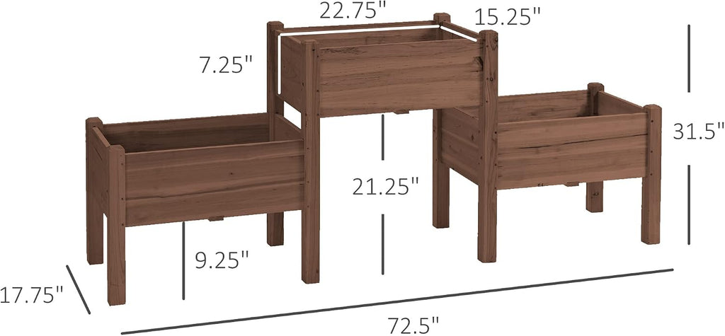 Raised Garden Bed with 3 Planter Box Elevated Plant Stand, Coffee | Wooden, Drainage Holes, for Vegetables Herb and