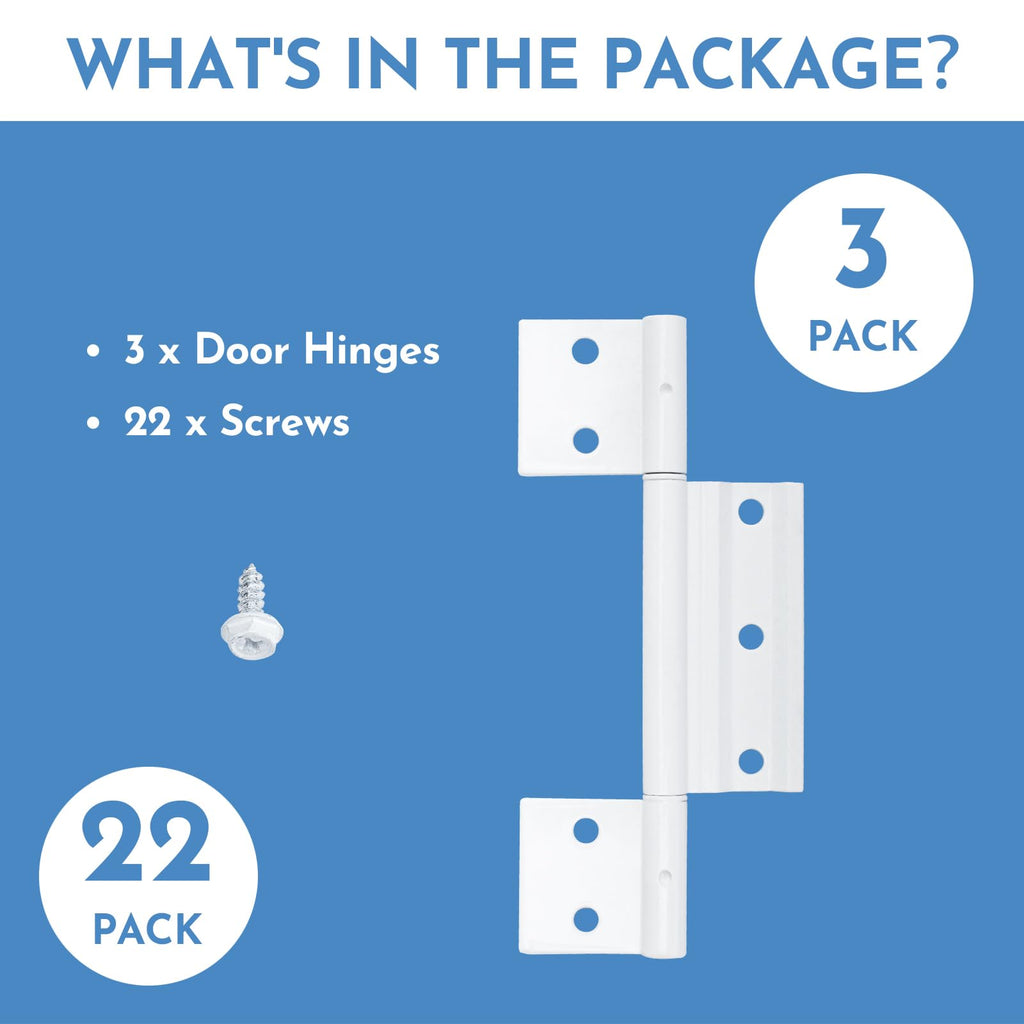 3Pack Screen Door Hinges, Aluminum 1/8 in. Grooved Center, White