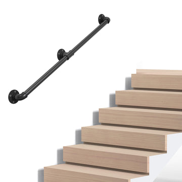 Industrial Pipe Stair Handrail, Wall-Mounted Metal Hand Rail for Indoor & Outdoor Steps, Black Galvanized Iron