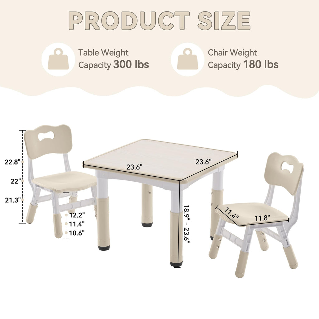 Kids Study Table and Chairs Set, Height Adjustable Toddler Table and Chair Set for Kids Ages 3-8, 23.6" L x 23.6" W