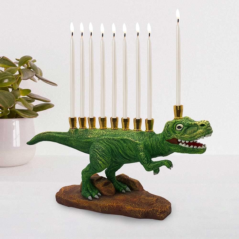 Zion Judaica Green Dinosaur Polyresin with Brass Cups Functional Kids Dino Candle Fits Standard Chanukah Candles