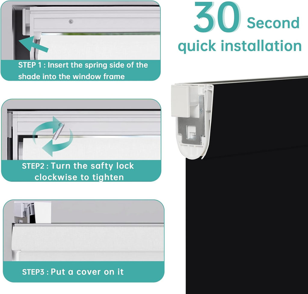 No Drill No Tools Blackout Roller Shades for Window, Cordless Roller Shades Thermal Insulated UV Protection Privacy