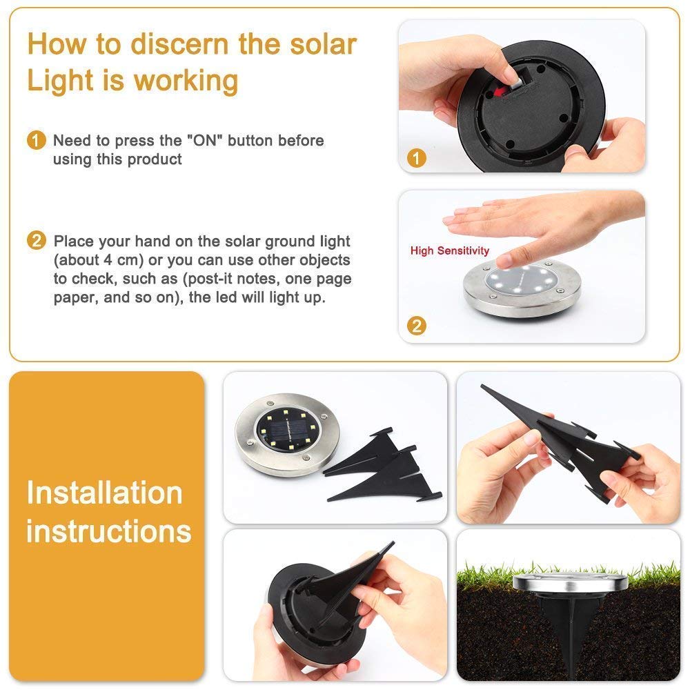 Outdoor Solar Ground Lights, 8 LED Waterproof Garden Disk Lights In-Ground Landscape Lighting for Lawn Patio Pathway