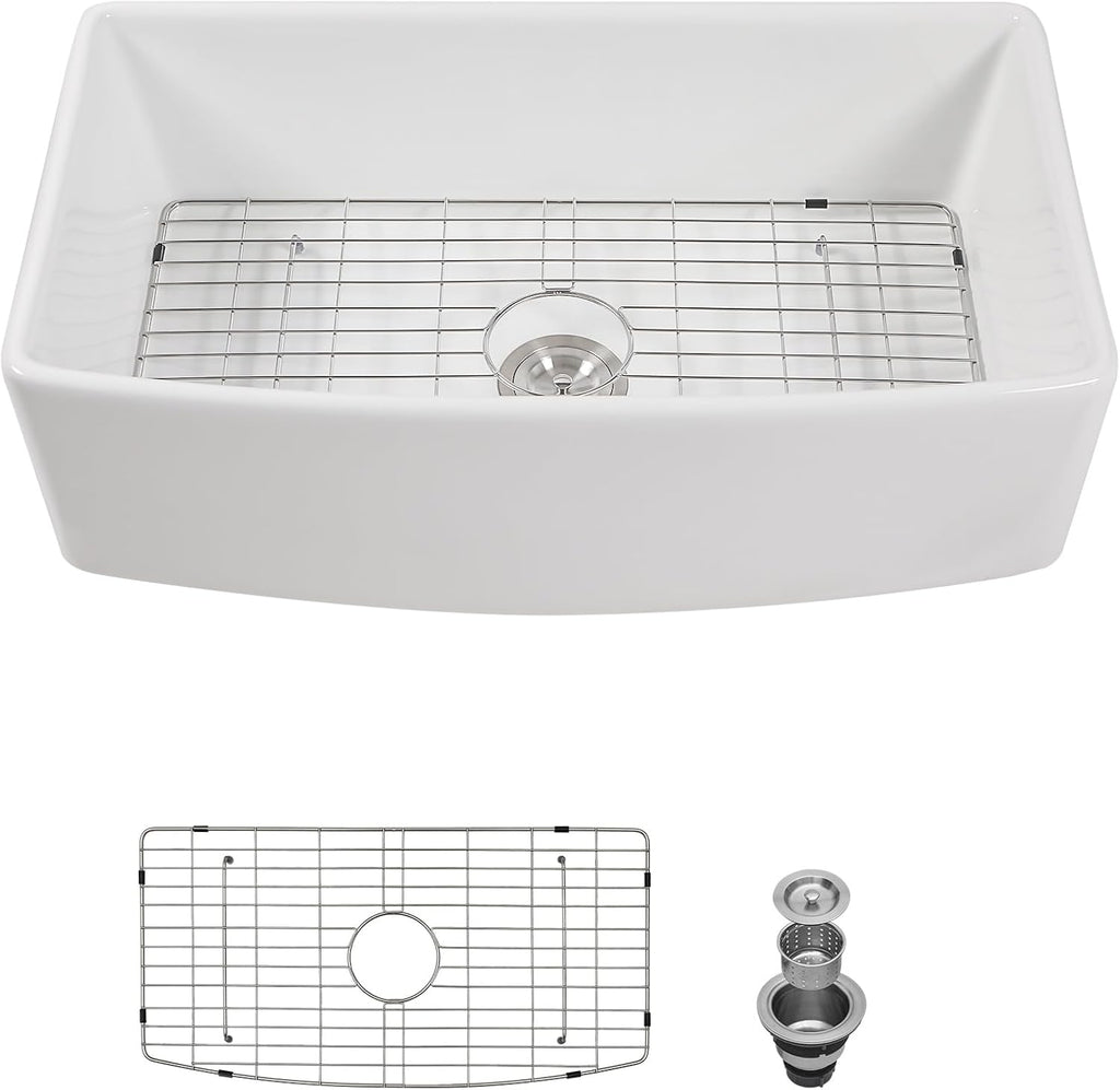 33 Inch Farmhouse Sink White Porcelain Ceramic Apron Front Kitchen Sinks Curved Apron Front Farm Sink Single Bowl