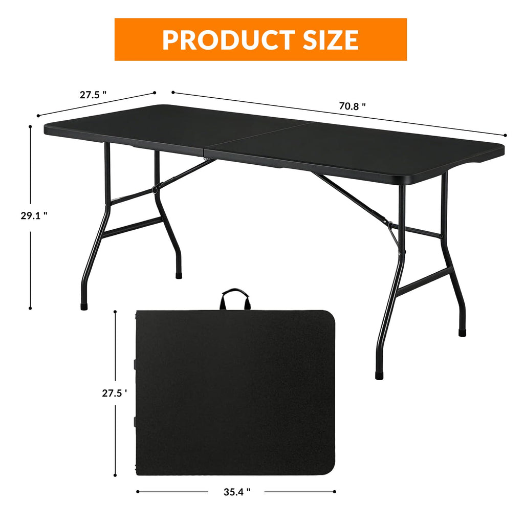 6FT Folding Table, Fold in Half Heavy Duty Plastic Utility Table with Carrying Handle, Black | HDPE Top for Indoor